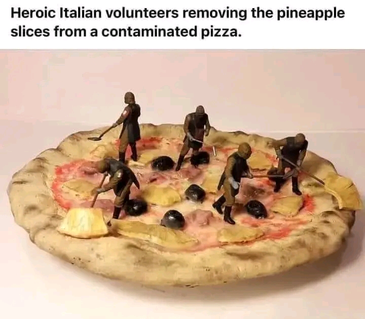 Heroic Italian volunteers removing the pineapple slices from a contaminated pizza.