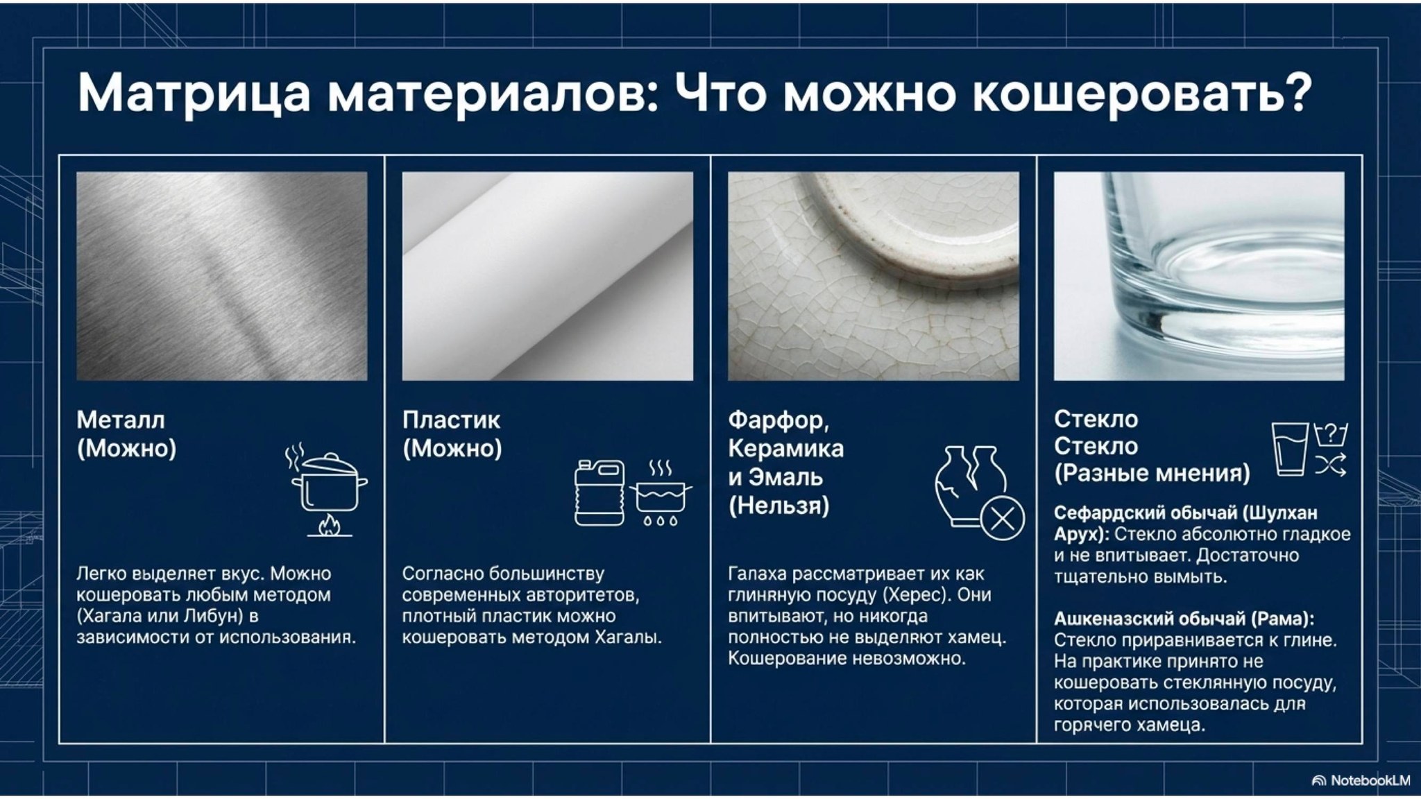 Матрица материалов: Что можно кошеровать? Металл (Можно) Пластик (Можно) SSS Фарфор, Керамика и Эмаль (Нельзя) Легко выделяет вкус. Можно кошеровать любым методом (Хагала или Либун) в зависимости от использования. Согласно большинству современных авторитетов, плотный пластик можно кошеровать методом Хагалы. Галаха рассматривает их как глиняную посуду (Херес). Они впитывают, но никогда полностью не выделют хамец. Кошерование невозможно. Стекло Стекло (Разные мнения) 121 X Сефардский обычай (Шулхан Арух): Стекло абсолютно гладкое и не впитывает. Достаточно тщательно вымыть. Ашкеназский обычай (Рама): Стекло приравнивается к глине. На практике принято не кошеровать стеклянную посуду, котор использовалась для горячего хамеца. A NotebookLM