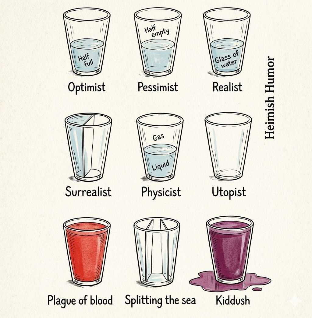 Half empty Half Full Optimist Pessimist Glass of water Realist Heimish Humor Surrealist Gas Liquid Physicist Utopist Plague of blood Splitting the sea Kiddush