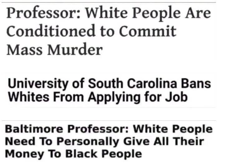 Professor: White People Are Conditioned to Commit Mass Murder University of South Carolina Bans Whites From Applying for Job Baltimore Professor: White People Need To Personally Give All Their Money To Black People