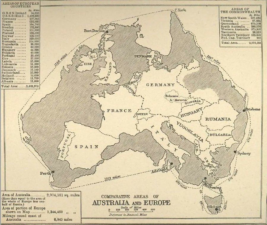 AREAS OF EUROPDAN COUNTRIES C York B.&N Troland U.S.S.R.(Enr)e Germany Spain Poland Pinland Rumania Yugoslavin Bulgaria Portugal PortI DENN Total Area... .3.493.973 GERMANY FRANCE TONCI YUGOSL SPAIN Area of Australia............ 2,974,581 sq. miles (More than equal to the ares of the whole of Burope less one- hail of Russia.) Ares of portion of Burope shown on Map.. .. 1,344,450 g" Mileage round coast of Australia 6,945 miles COMPARATIVE AREAS OF AUSTRALIA AND EUROPE 1o Solo i 00 39 Distances in Nauted Vilas ARBAS OF THE COMMONWEALTH New South Wales. Victoria Queenslana South Australie Western Australia Tasmania. Northern Territory 523,620 Fed. Cap. Territory Total Area....xo 9.974.581 RUMANIA BULGAR