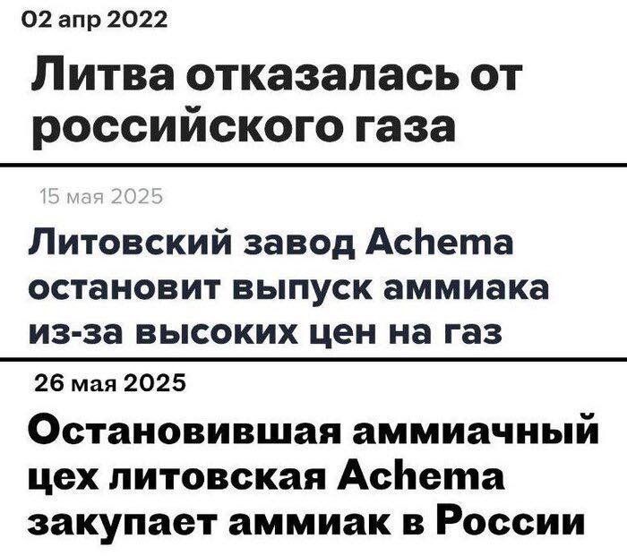 02 апр 2022 Литва отказалась от российского газа 15 мая 2025 Литовский завод Achema остановит выпуск аммиака из-за высоких цен на газ 26 мая 2025 Остановившая аммиачный цех литовская Achema закупает аммиак в России
