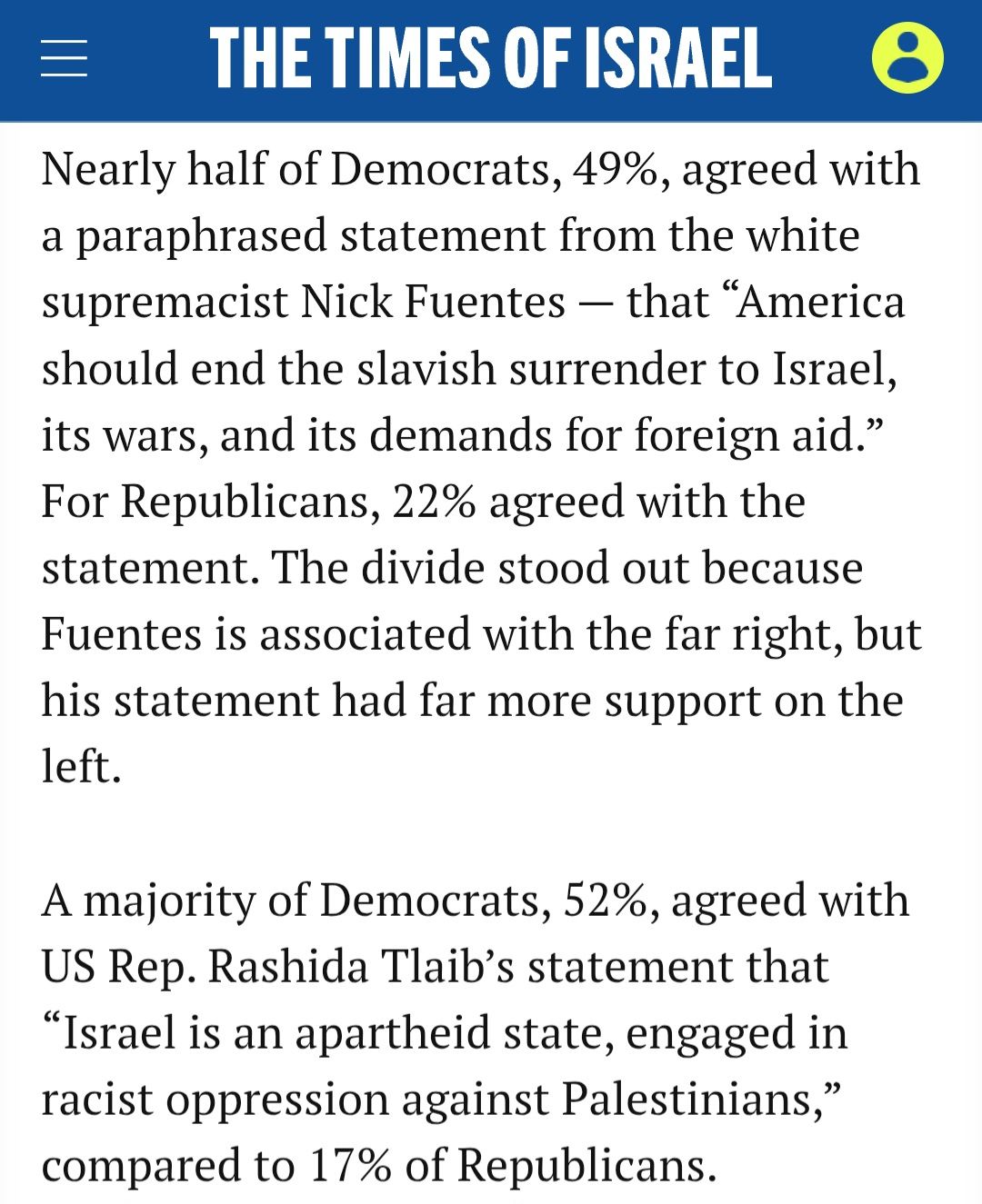 E THETIMES OF ISRAEL Nearly half of Democrats, 49%, agreed with a paraphrased statement from the white supremacist Nick Fuentes - that "America should end the slavish surrender to Israel, its wars, and its demands for foreign aid." For Republicans, 22% agreed with the statement. The divide stood out because Fuentes is associated with the far right, but his statement had far more support on the left. A majority of Democrats, 52%, agreed with US Rep. Rashida Tlaib's statement that "Israel is an apartheid state, engaged in racist oppression against Palestinians, " compared to 17% of Republicans.