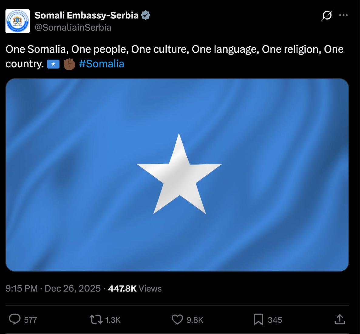 Somali Embassy-Serbia v @SomaliainSerbia ... One Somalia, One people, One culture, One language, One religion, One country. #Somalia 9:15 PM &bull; Dec 26, 2025 &bull; 447.8K Views 577 L7 1.3K 9.8K 345