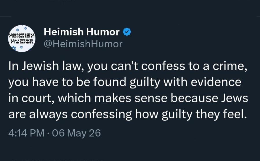 HUmOR Heimish Humor O @HeimishHumor In Jewish law, you can't confess to a crime, you have to be found guilty with evidence in court, which makes sense because Jews are always confessing how guilty they feel. 4:14 PM &bull; 06 May 26