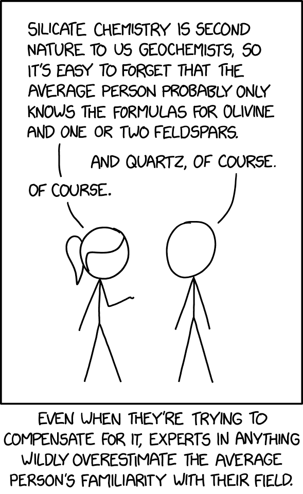 SILICATE CHEMISTRY IS SECOND NATURE TO US GEOCHEMISTS, 50 IT'S EASY TO FORGET THAT THE AVERAGE PERSON PROBABLY ONLY KNOWS THE FORMULAS FOR OLIVINE AND ONE OR TWO FELDSPARS. AND QUARTZ, OF COURSE. OF COURSE. EVEN WHEN THEY'RE TRYING TO COMPENSATE FOR IT, EXPERTS IN ANYTHING WILDLY OVERESTIMATE THE AVERAGE PERSON'S FAMILIARITY WITH THEIR FIELD.