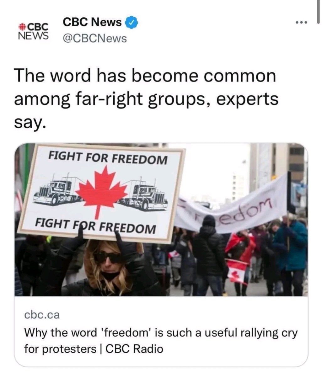 CBC NEWS CBC News &reg; @CBCNews The word has become common among far-right groups, experts say. FIGHT FOR FREEDOM FIGHT FOR FREEDOM edom cbc.ca Why the word 'freedom' is such a useful rallying cry for protesters | CBC Radio