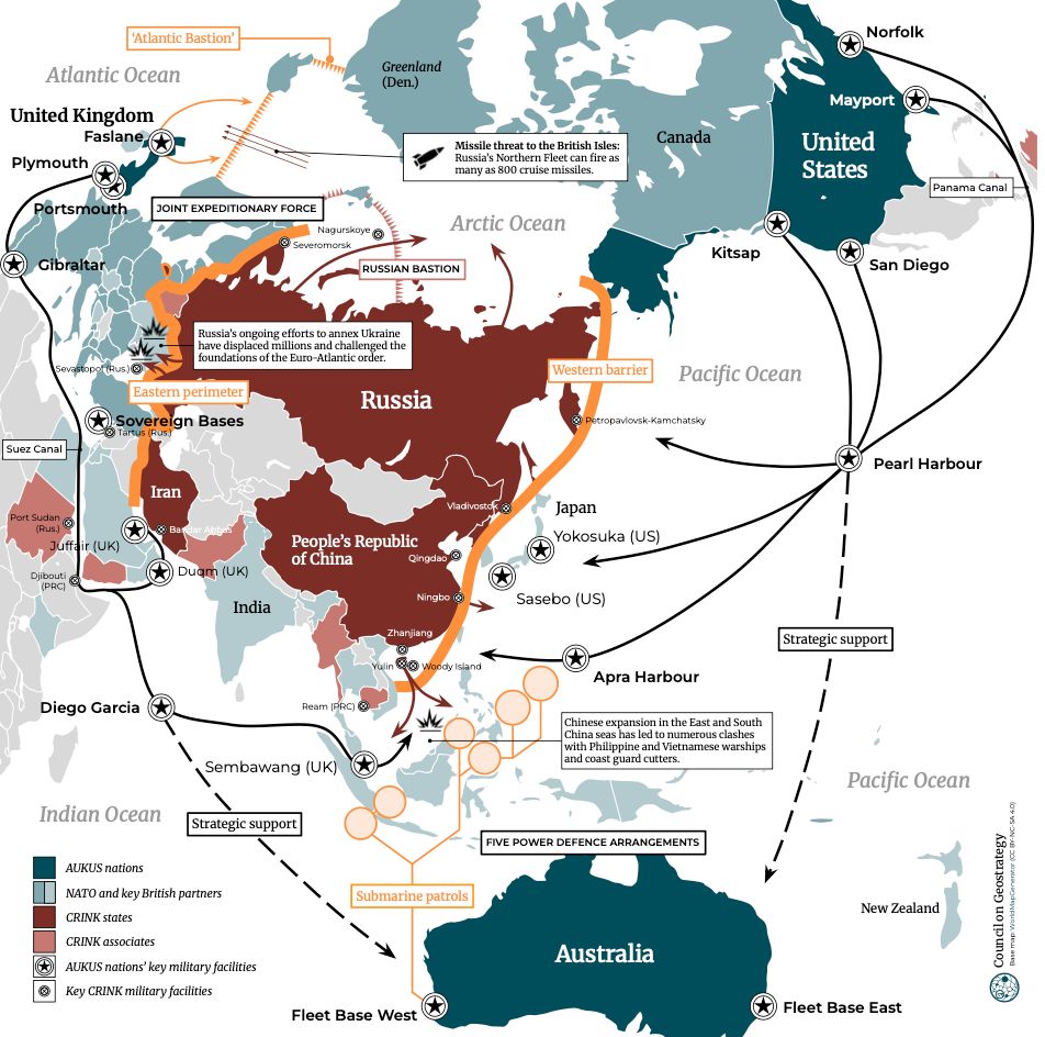 'Atlantic Bastion' Atlantic Ocean United Kingdom Faslane&reg; Plymouth Portsmouth JOINT EXPEDITIONARY FORCE Nagurskoye O Gibraltar RUSSIAN BASTION Russia's ongoing efforts to annex Ukraine have displaced millions and challenged the foundations of the Buro-Atlantic order. (Rus) g Eastern perimeter Soverei Sovereign Bases Russia Suez Canal Iran Viadivostok o Port Suit O (Rus.) Juffair (UK) People's Republic of China Qingdao Djibouti C PRCI Duam (UK) Ningbo Ci India Zhanjiang alin O@ woedy Island Diego Garcia Ream (PRC) O Sembawang (UK) Indian Ocean Strategic support AUKUS nations NATO and key British partners CRINK states Submarine patrols CRINK associates AUKUS nations key military facilities Key CRINK military facilities Fleet Base West Greenland (Den.) Canada Missile threat to the British Isles: Russia's Northern Fleet can fire as many as 800 cruise missiles. Arctic Ocean Kitsap Western barrier Pacific Ocean &copy; Petropavlovsk-Kamchatsky Japan Yokosuka (US) Sasebo (US) Apra Harbour Chinese expansion in the East and South China seas has led to numerous clashes with Philippine and Vietnamese warships and coast guard cutters. FIVE POWER DEFENCE ARRANGEMENTS Australia Norfolk Mayport United States San Diego Panama Canal Pearl Harbour Strategic support Pacific Ocean New Zealand Fleet Base East Councilon Geostrategy Base map: WordMopCenesear(CC BY-NC-54 40)