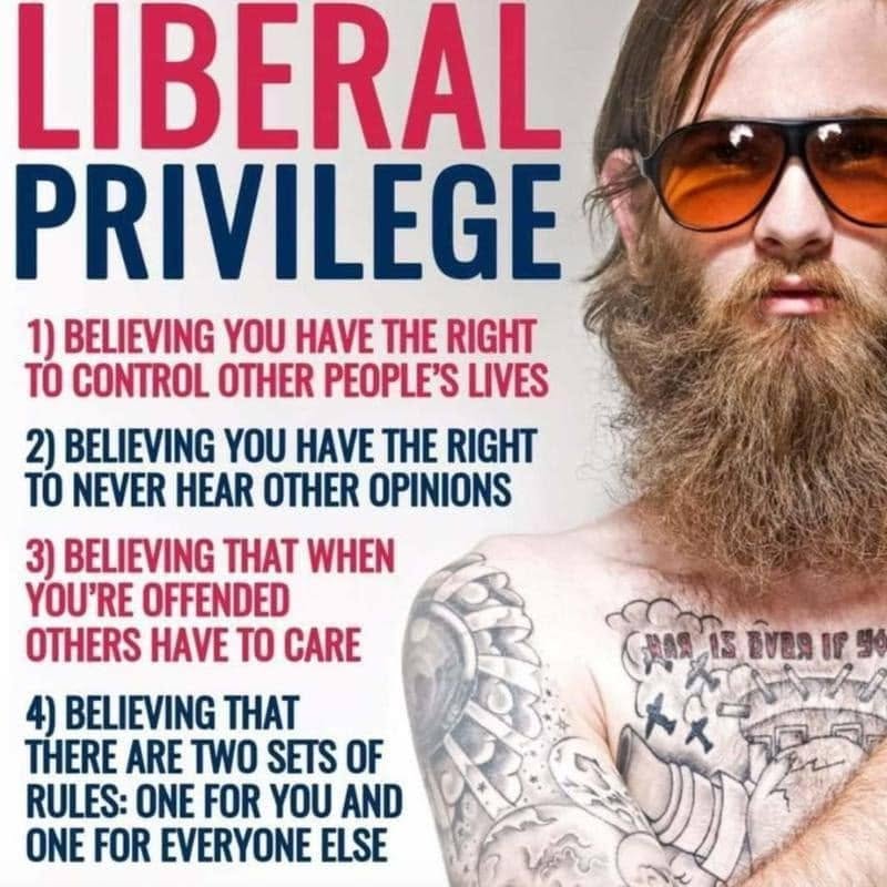 LIBERAL PRIVILEGE 1) BELIEVING YOU HAVE THE RIGHI TO CONTROL OTHER PEOPLE'S LIVES 2) BELIEVING YOU HAVE THE RIGHT TO NEVER HEAR OTHER OPINIONS 3) BELIEVING THAT WHEN YOU'RE OFFENDED OTHERS HAVE TO CARE 4) BELIEVING THAT THERE ARE TWO SETS OF RULES: ONE FOR YOU AND ONE FOR EVERYONE ELSE iS EVER UP 90