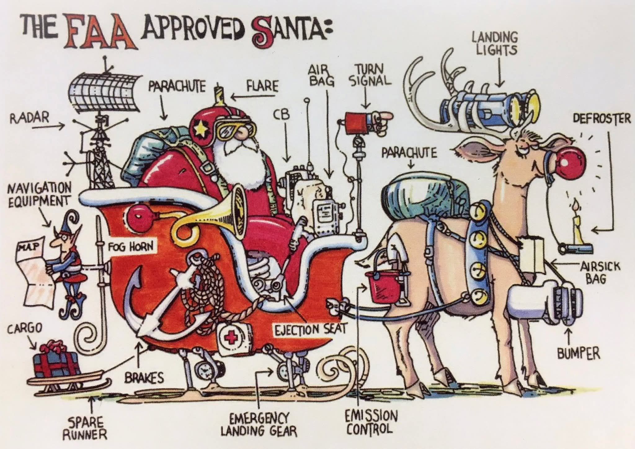 THE FAA APPROVED SANTA= PARACHUTE FLARE LANDING LIGHTS TURN SIGNAL RADAR CB DEFROSTER PARACHUTE NAVIGATION EQUIPMENT MAP FoG HORN AIRSICK BAG CARGO EJECTION SEAT BUMPER BRAKES SPARE RUNNER EMERGENCY LANDING GEAR EMISSION CONTROL