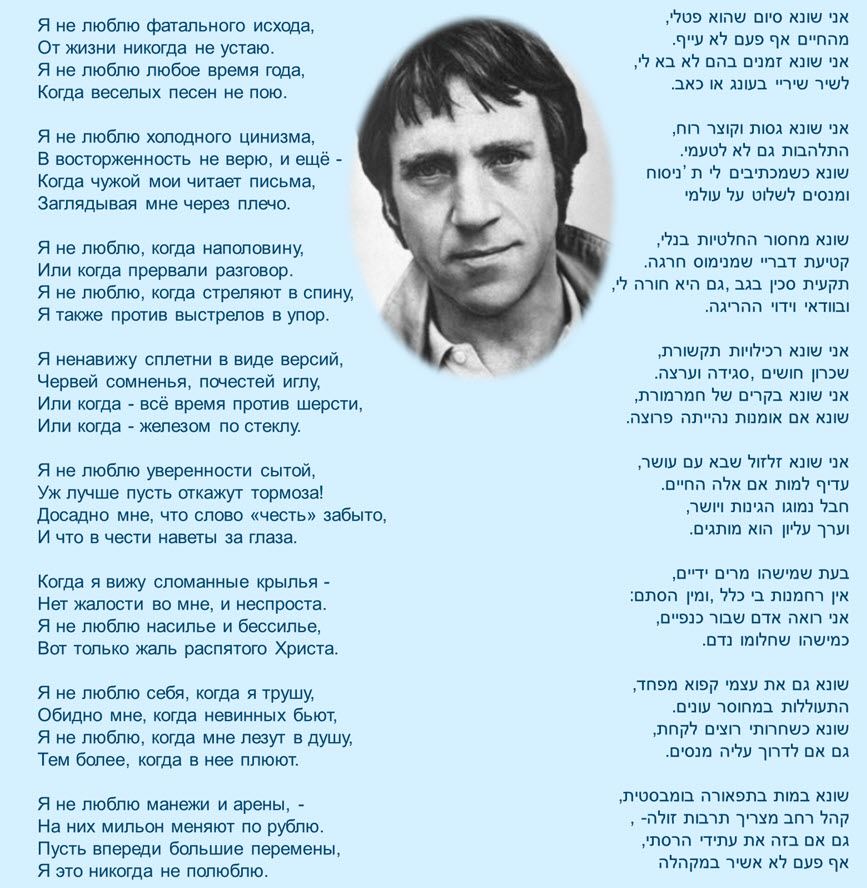 Я не люблю фатального исхода, От жизни никогда не устаю. Я не люблю любое время года, Когда веселых песен не пою. Я не люблю холодного цинизма, В восторженность не верю, и ещё - Когда чужой мои читает письма, Заглядывая мне через плечо. Я не люблю, когда наполовину, Или когда прервали разговор. Я не люблю, когда стреляют в спину, Я также против выстрелов в упор. Я ненавижу сплетни в виде версий, Червей сомненья, почестей иглу, Или когда - всё время против шерсти, Или когда - железом по стеклу. Я не люблю уверенности сытой, Уж лучше пусть откажут тормоза! Досадно мне, что слово &laquo;честь&raquo; забыто, И что в чести наветы за глаза. Когда я вижу сломанные крылья - Нет жалости во мне, и неспроста. Я не люблю насилье и бессилье, Вот только жаль распятого Христа. Я не люблю себя, когда я трушу, Обидно мне, когда невинных бьют, Я не люблю, когда мне лезут в душу, Тем более, когда в нее плюют. Я не люблю манежи и арены, - На них мильон меняют по рублю. Пусть впереди большие перемены, Я это никогда не полюблю. MIEN TRIU TUGNILU TIUTOGIL