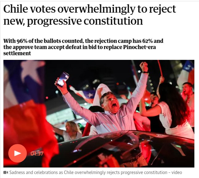 Chile votes overwhelmingly to reject new, progressive constitution With 96% of the ballots counted, the rejection camp has 62% and the approve team accept defeat in bid to replace Pinochet-era settlement 01.37 &bull; Sadness and celebrations as Chile overwhelmingly rejects progressive constitution - video