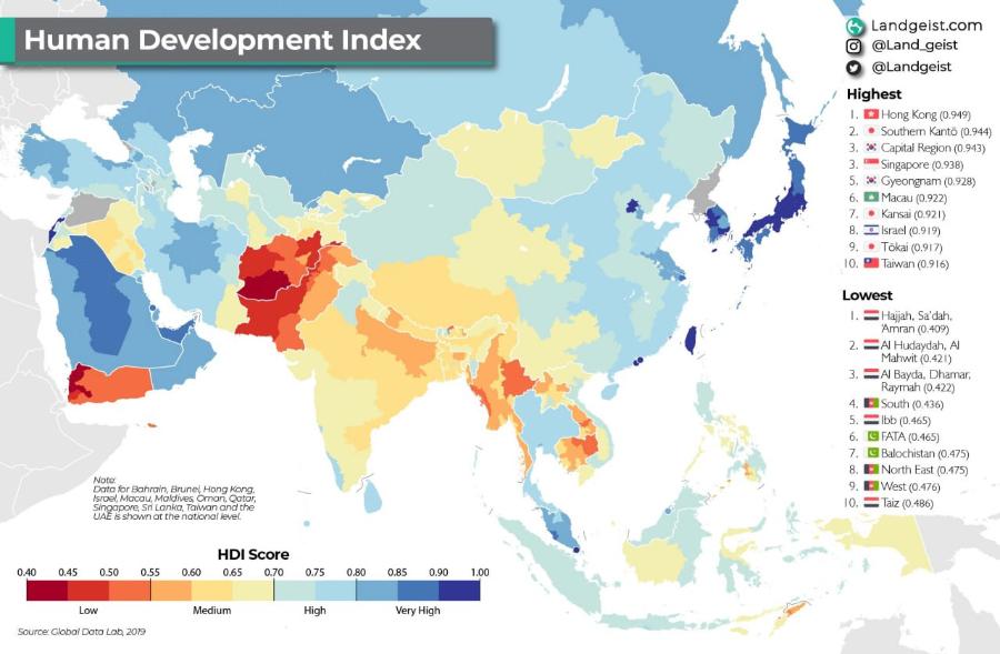Human Development Index Note: Data for Bahrain, Brunei, Hong Kong, Israel, Macau, Maldives, Oman, Qatar, Singapore, Sri Lanka, Taiwan and the UAE is shown at the national level. 0.40 0.45 0.50 0.55 0.60 HDI Score 0.65 0.70 0.75 0.80 0.85 0.90 1.00 Low Source: Global Data Lab, 2019 Medium High Very High Landgeist.com &bull; @Land geist &bull; @Landgeist Highest 1. Et Hong Kong (0.949) 2. Southern Kant&otilde; (0.944) 3. C: Capital Region (0.943) 3. Singapore (0.938) 5. *: Gyeongnam (0.928) 6. &bull; Macau (0.922) 7. &bull; Kansai (0.92 1) 8. = Israel (0.919) 9. &bull; Tokai (0.917) 10. P Tawan （0.916） Lowest I. Hajjah, Sa'dah, 'Amran (0.409) 2. ==Al Hudaydah, Al Mahwit (0.42 l)| 3. =A Bayda, Dhamar, Raymah (0.422) 4. - South (0.436) 5. = Ibb (0.465) CI FATA (0.465) 7. Ic Balochistan （0.475） 8. E North East (0.475) 9. E West (0.476) 10.l &bull; Taiz (0.486)