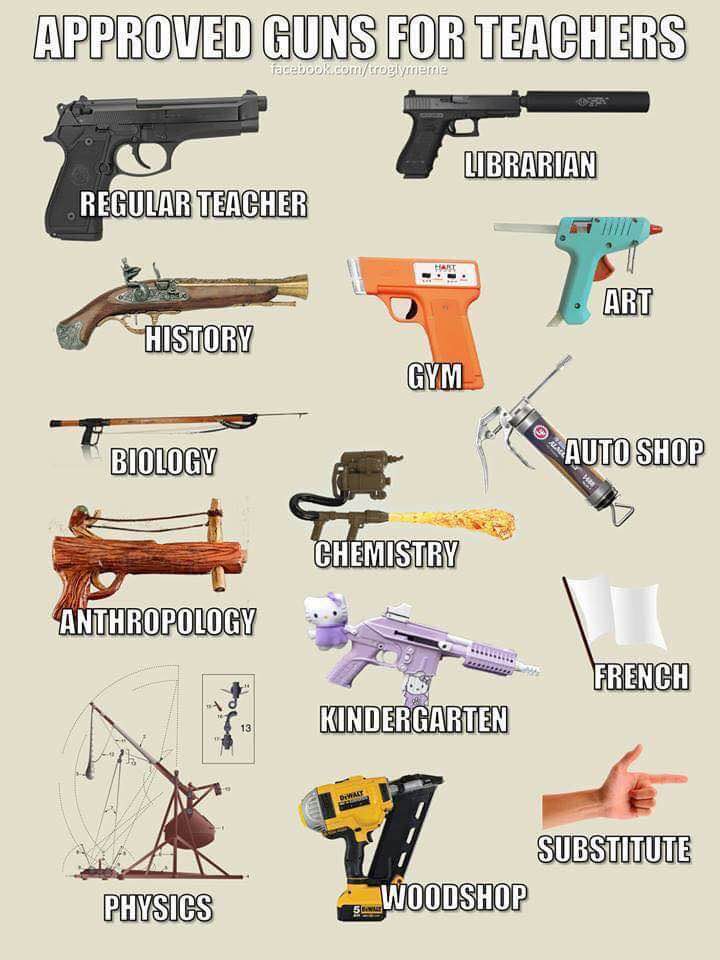 APPROVED GUNS FOR TEACHERS gook sor/sroglymene LIBRARIAN REGULAR TEACHER ART HISTORY GYM BIOLOGY AUTO SHOP CHEMISTRY ANTHROPOLOGY FRENCH KINDERGARTEN SUBSTITUTE PHYSICS WOODSHOP