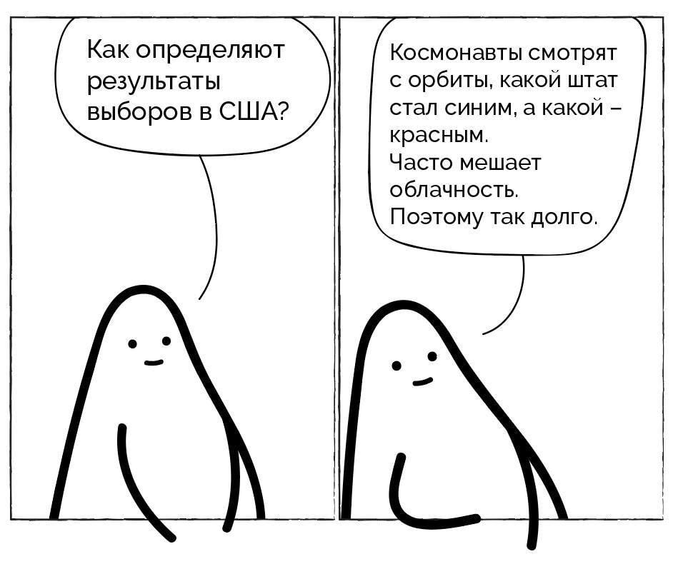 Как определяют результаты выборов в США? Космонавты смотрят с орбиты, какой штат стал синим, а какой - красным. Часто мешает облачность. Поэтому так долго.