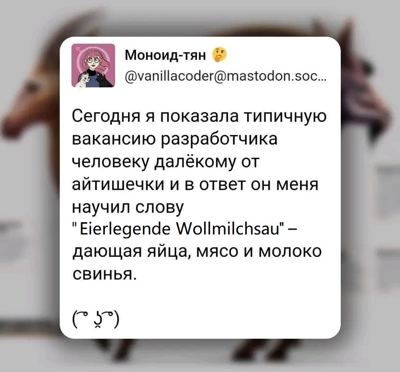Моноид-тян @vanillacoder@mastodon.soc... Сегодня я показала типичную вакансию разработчика человеку далёкому от айтишечки и в ответ он меня научил слову "Eierlegende Wollmilchsau" - дающая яйца, мясо и молоко свинья. (050)