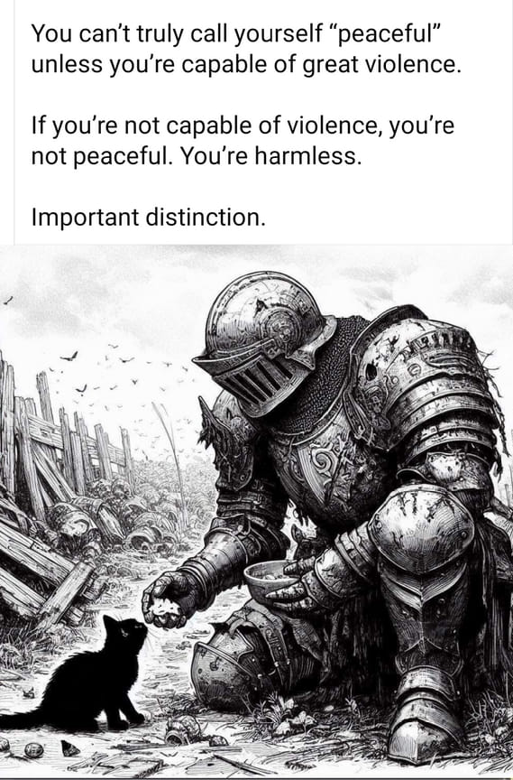 You can't truly call yourself "peaceful" unless you're capable of great violence. If you're not capable of violence, you're not peaceful. You're harmless. Important distinction.