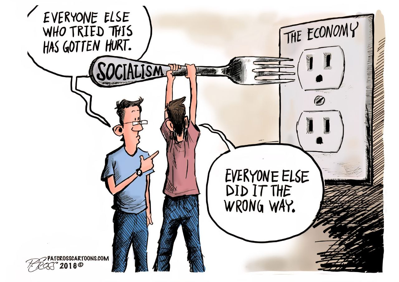 EVERYONE ELSE WHO TRIED THIS HAS GOTTEN HURT. SOCIALISM 2PATCROSSCARTOONS.COM 20180 THE ECONOMY EVERYONE ELSE DID IT THE WRONG WAY.
