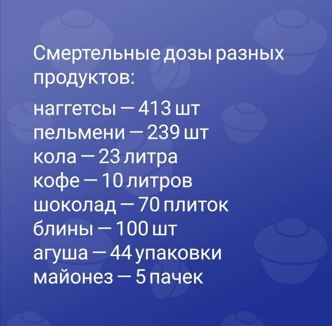 Смертельные дозы разных продуктов: наггетсы - 413 шт пельмени - 239 шт кола - 23 литра кофе - 10 литров шоколад - 70 плиток блины - 100 шт агуша - 44 упаковки майонез - 5 пачек