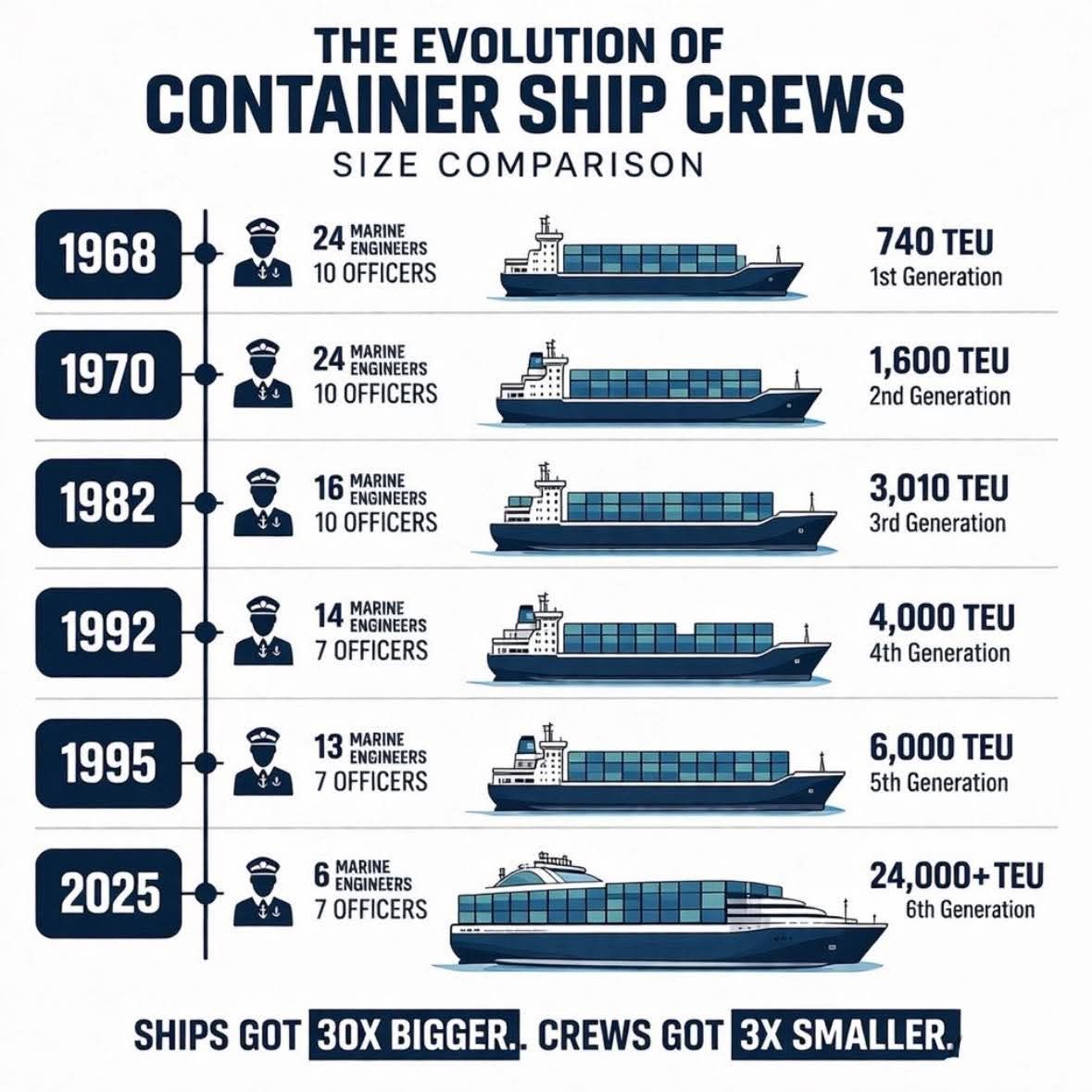 1968 THE EVOLUTION OF CONTAINER SHIP CREWS SIZE COMPARISON 24 MARINE T ENGINEERS 10 OFFICERS 740 TEU 1st Generation 1970 24 ENGINEERS 10 OFFICERS 1,600 TEU 2nd Generation 1982 16 MARINE ENGINEERS 10 OFFICERS 3,010 TEU 3rd Generation 1992 14 MARINE ENGINEERS 7 OFFICERS 4,000 TEU 4th Generation 1995 13 MARINE ENGINEERS 7 OFFICERS 6,000 TEU 5th Generation 2025 ENGINEERS 7 OFFICERS 24,000+ TEU 6th Generation SHIPS GOT 30X BIGGER.. CREWS GOT 3X SMALLER.