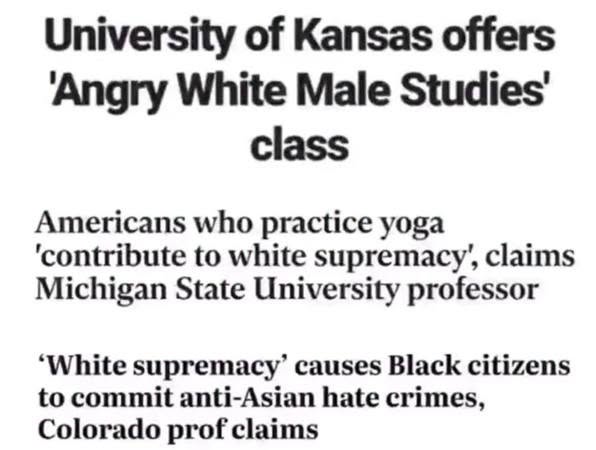 University of Kansas offers 'Angry White Male Studies' class Americans who practice yoga 'contribute to white supremacy, claims Michigan State University professor 'White supremacy' causes Black citizens to commit anti-Asian hate crimes, Colorado prof claims