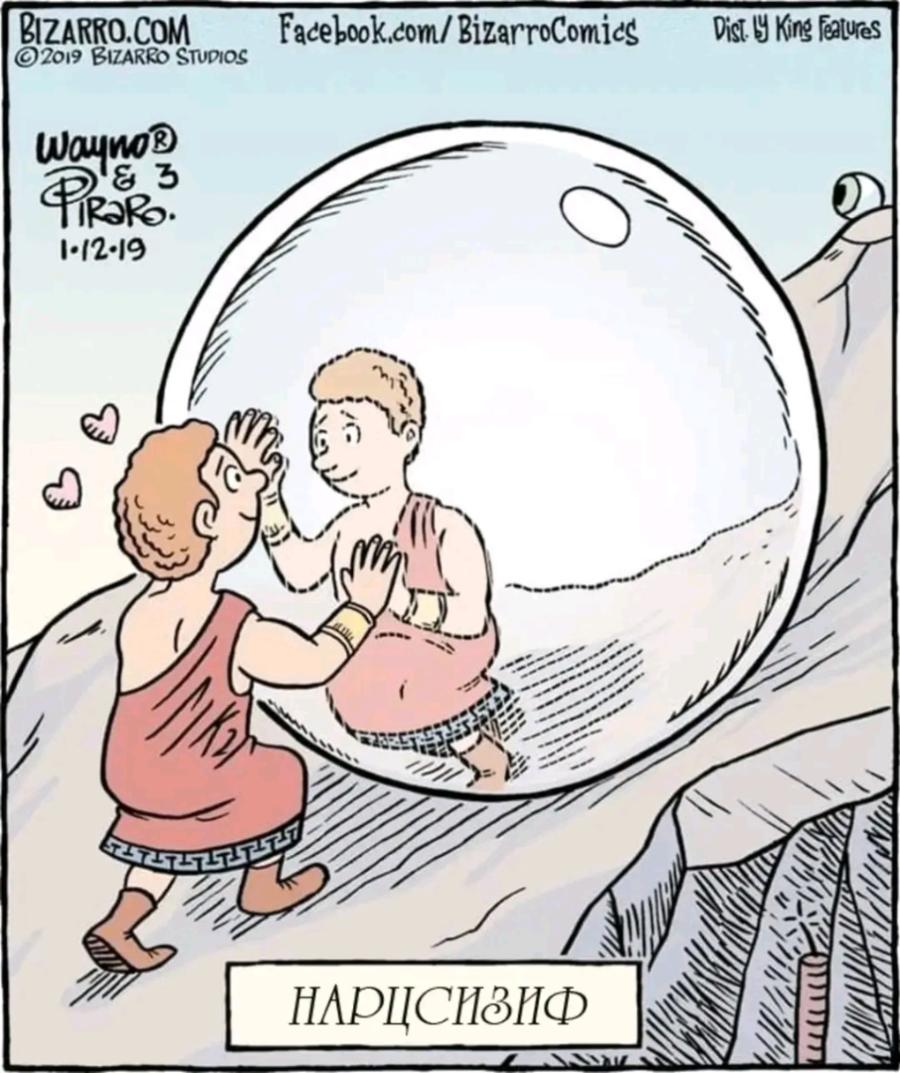 BIZARRO.COM 2019 BIZARRO STUDIOS Facebook.com/BizarroComics Dist. L King Features Wayno? E 3 PIRaRo. 1&bull;12&bull;19 НАРЦСИЗИФ