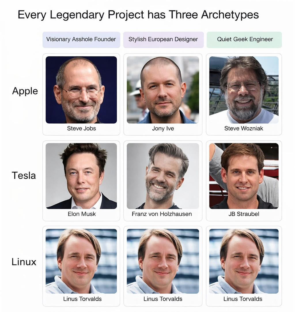 Every Legendary Project has Three Archetypes Visionary Asshole Founder Stylish European Designer Quiet Geek Engineer Apple Steve Jobs Jony Ive Steve Wozniak Tesla Elon Musk Franz von Holzhausen JB Straubel Linux Linus Torvalds Linus Torvalds Linus Torvalds