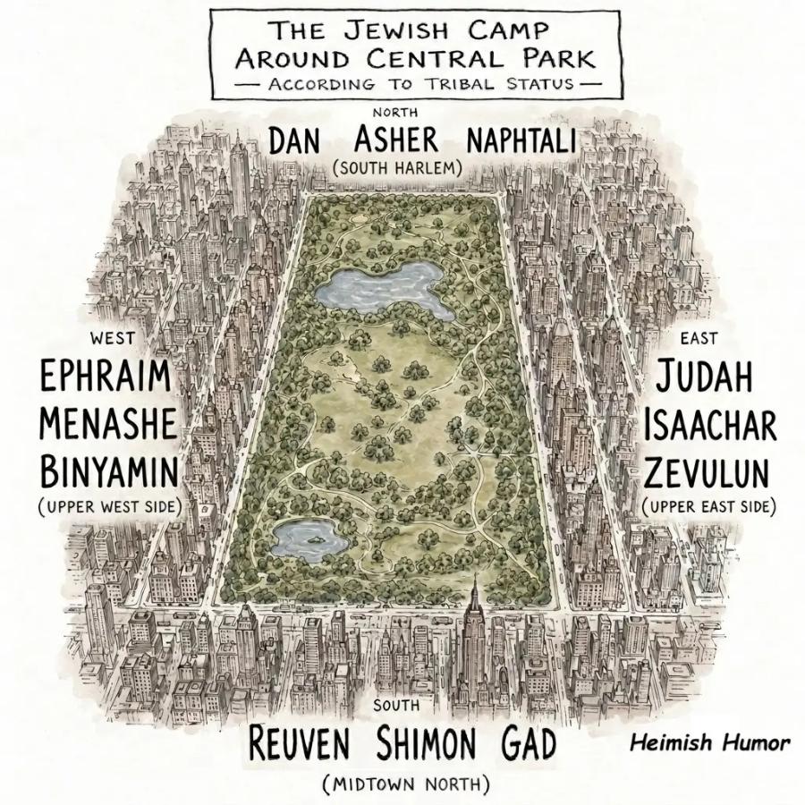 THE JEWISH CAMP AROUND CENTRAL PARK &mdash; ACCORDING TO TRIBAL STATUS - NORTH DAN ASHER NAPHTALI (SOUTH HARLEM) WEST EPHRAIM MENASHE BINYAMIN (UPPER WEST SIDE) EAST JUDAH ISAACHAR ZEVULUN UPPER EAST SIDE) SOUTH REUVEN SHIMON GAD (MIDTOWN NORTH) Heimish Humor