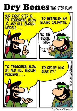 Dry Bones TwO STEP PLAN OUR FIRST STEP IS TO TERRORIZE, BLOW UP, AND KILL ENOUGH TO ESTABLISH AN ISLAMIC CALIPHATE. INFIDELS.. AND THE SECOND STEP? TO TERRORIZE, BLOW UP, AND KILL ENOUGH MOSLEMS... TO DECIDE WHO RUNS IT!! DryBonesBlog.com