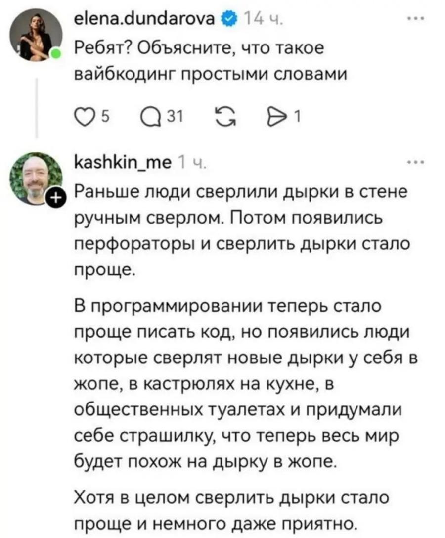 elena.dundarova &copy; 14ч. Ребят? Объясните, что такое вайбкодинг простыми словами 5 931 G 1 kashkin_me 1ч. + Раньше люди сверлили дырки в стене ручным сверлом. Потом появились перфораторы и сверлить дырки стало проще. В программировании теперь стало проще писать код, но появились люди которые сверлят новые дырки у себя в жопе, в кастрюлях на кухне, в общественных туалетах и придумали себе страшилку, что теперь весь мир будет похож на дырку в жопе. Хотя в целом сверлить дырки стало проще и немного даже приятно.
