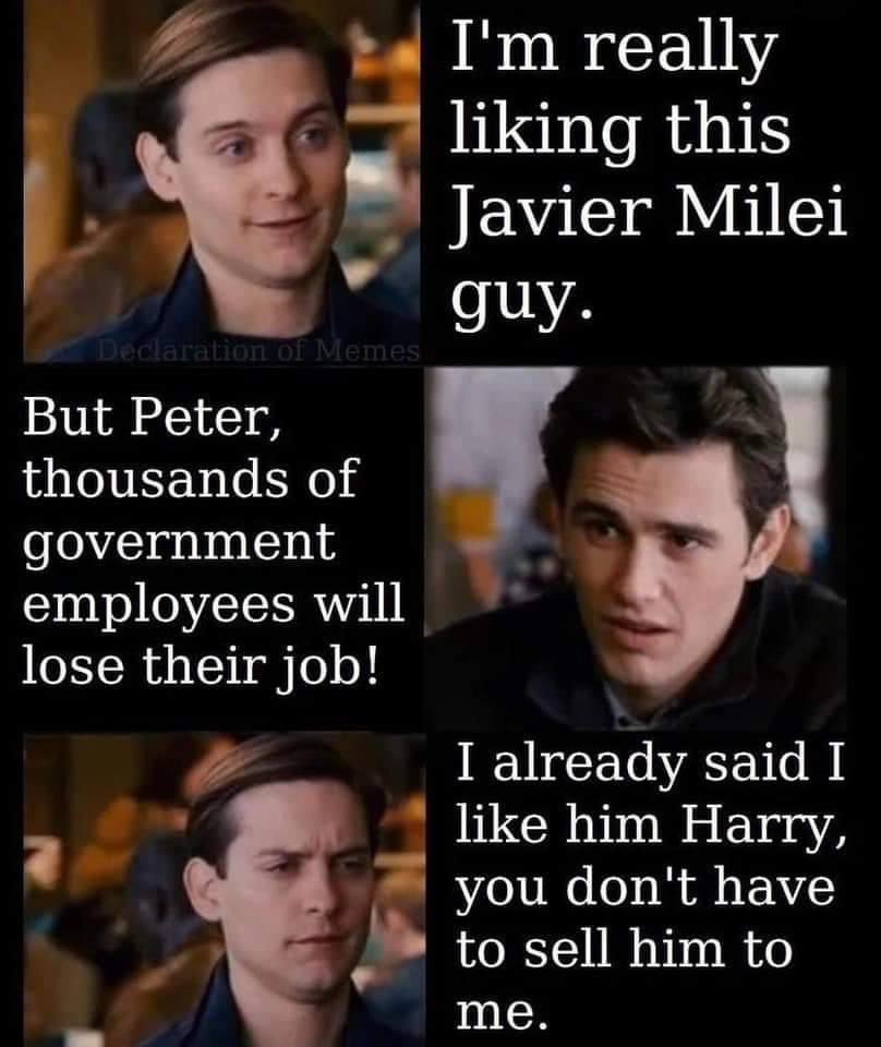 Declaration of Memes But Peter, thousands of government employees will lose their job! I'm really liking this Javier Milei guy. I already said I like him Harry, you don't have to sell him to me.