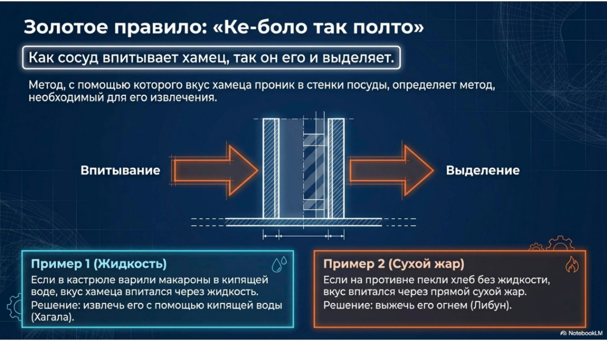 Золотое правило: &laquo;Ке-боло так полто&raquo; Как сосуд впитывает хамец, так он его и выделяет. Метод, с помощью которого вкус хамеца проник в стенки посуды, определяет метод, необходимый для его извлечения. Впитывание Выделение Пример 1 (Жидкость) Если в кастрюле варили макароны в кипящей воде, вкус хамеца впитался через жидкость. Решение: извлечь его с помощью кипящей воды (Хагала). Пример 2 (Сухой жар) Если на противне пекли хлеб без жидкости, вкус впитался через прямой сухой жар. Решение: выжечь его огнем (Либун). A NotebookLM