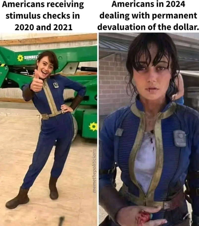 Americans receiving stimulus checks in 2020 and 2021 Americans in 2024 dealing with permanent devaluation of the dollar. SUNDER memethepoliticians