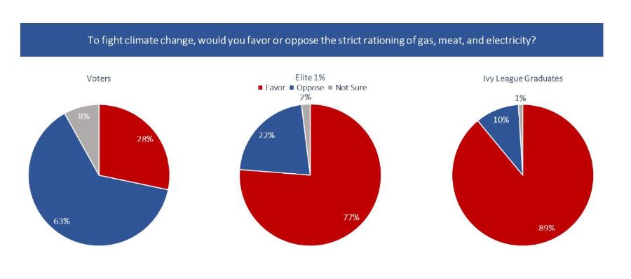 To fight climate change, would you favor or oppose the strict rationing of gas, meat, and electricity? Voters Elite 1% &bull; Favor = Oppose Not Sure 2% Ivy League Graduates 1% 8% 10% 22% 28% 77% 63% 89%