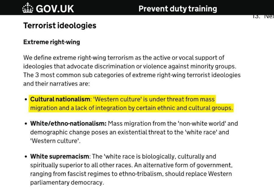 GOV.UK Prevent duty training Terrorist ideologies Extreme right-wing We define extreme right-wing terrorism as the active or vocal support of ideologies that advocate discrimination or violence against minority groups. The 3 most common sub categories of extreme right-wing terrorist ideologies and their narratives are: &bull; Cultural nationalism: 'Western culture' is under threat from mass migration and a lack of integration by certain ethnic and cultural groups. &bull; White/ethno-nationalism: Mass migration from the 'non-white world' and demographic change poses an existential threat to the 'white race' and 'Western culture' &bull; White supremacism: The 'white race is biologically, culturally and spiritually superior to all other races. An alternative form of government, ranging from fascist regimes to ethno-tribalism, should replace Western parliamentary democracy. 15. Ne