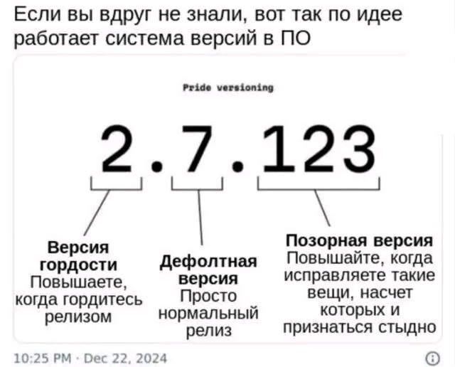 Если вы вдруг не знали, вот так по идее работает система версий в ПО Pride versioning 2.2.123 Версия гордости Повышаете, когда гордитесь релизом Дефолтная версия Просто нормальный релиз Позорная версия Повышайте, когда исправляете такие вещи, насчет которых и признаться стыдно 10:25 PM - Dec 22, 2024