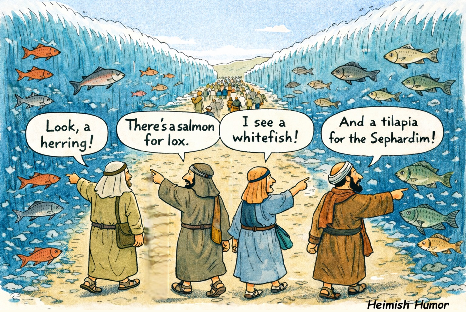 Look, a herring! There's a salmon for lox. I see a whitefish! And a tilapia for the Sephardim! Heimish Humor