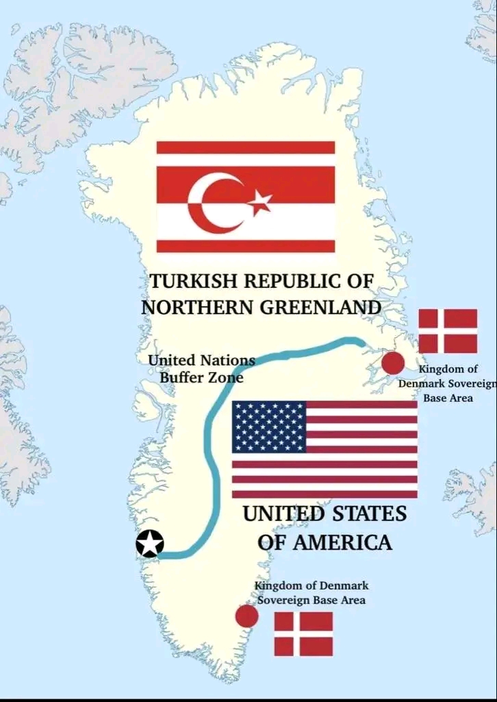 TURKISH REPUBLIC OF NORTHERN GREENLAND United Nations Buffer Zone Kingdom of Denmark Sovereigr Base Area UNITED STATES OF AMERICA Kingdom of Denmark Sovereign Base Area