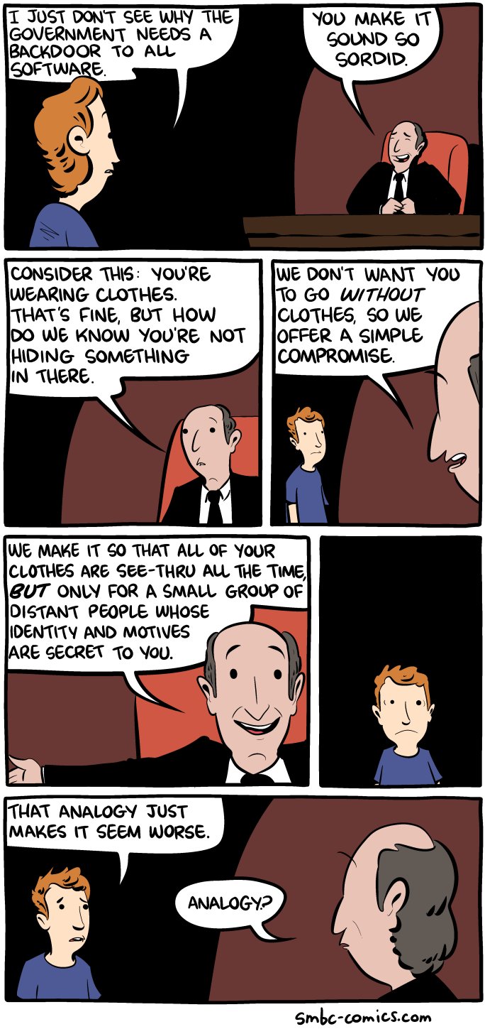 I JUST DON'T SEE WHY THE GOVERNMENT NEEDS A BACKDOOR TO ALL SOFTWARE YOU MAKE IT SOUND SO SORDID. CONSIDER THIS: YOU'RE WEARING CLOTHES. THAT'S FINE, BUT HOW DO WE KNOW YOU'RE NOT HIDING SOMETHING IN THERE. WE DON'T WANT YOU TO GO WITHOUT CLOTHES, SO WE OFFER A SIMPLE COMPROMISE. WE MAKE IT SO THAT ALL OF YOUR CLOTHES ARE SEE-THRU ALL THE TIME, BUT ONLY FOR A SMALL GROUP OF DISTANT PEOPLE WHOSE IDENTITY AND MOTIVES ARE SECRET TO YOU. THAT ANALOGY JUST MAKES IT SEEM WORSE. ANALOGY? smbc-comics.com