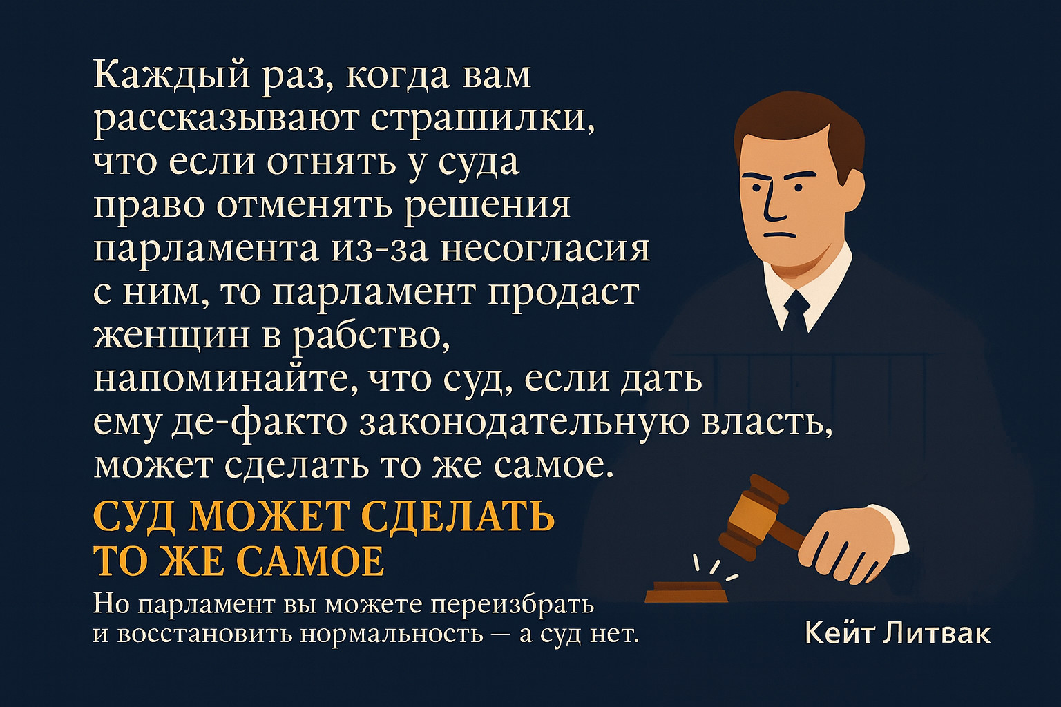 Каждый раз, когда вам рассказывают страшилки, что если отнять у суда право отменять решения парламента из-за несогласия с ним, то парламент продаст женщин в рабство, напоминайте, что суд, если дать ему де-факто законодательную власть, может сделать то же самое. СУД МОЖЕТ СДЕЛАТЬ ТО ЖЕ САМОЕ Но парламент вы можете переизбрать и восстановить нормальность - а суд нет. Кейт Литвак