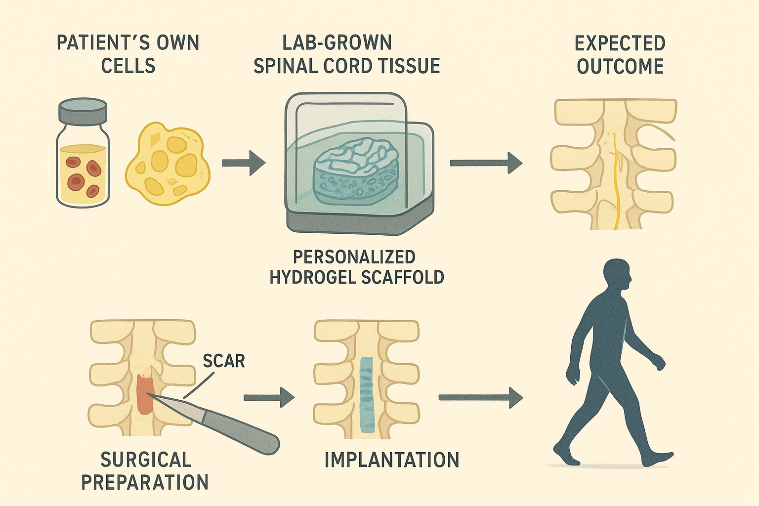 PATIENT'S OWN CELLS LAB-GROWN SPINAL CORD TISSUE EXPECTED OUTCOME PERSONALIZED HYDROGEL SCAFFOLD SCAR SURGICAL PREPARATION IMPLANTATION