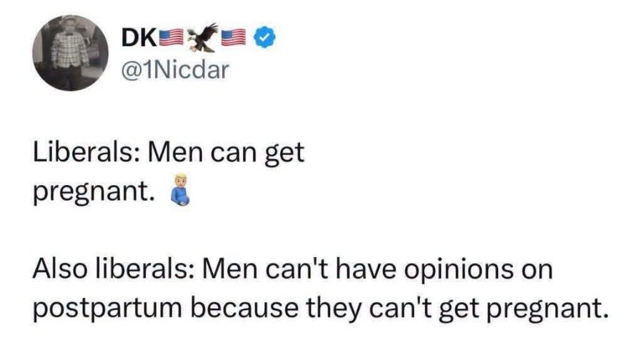 DK: @1Nicdar Liberals: Men can get pregnant. Also liberals: Men can't have opinions on postpartum because they can't get pregnant.