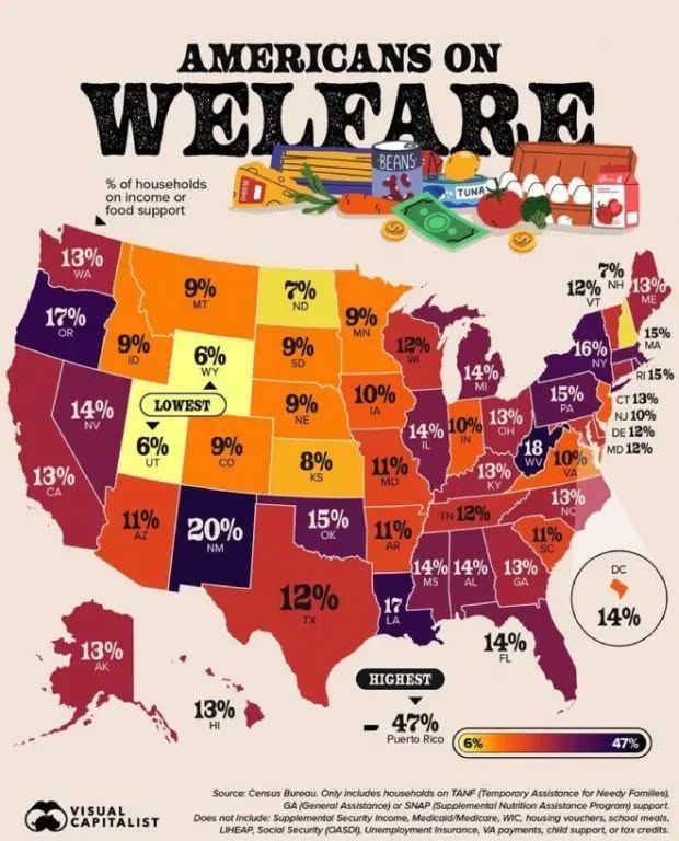 13% 17% OR 14% 13% CA AMERICANS ON WELFARE % of households on income or &bull; TUNA food support 9% MT 9% 6% LOWEST 6% UT 9% 11%0 20% 13% 13% HI 7% ND 9% T MN 12% 9% 9% 8% 15% 14% MI 10% 14% 10% 13% 7% 12% NH 13% ME *16% NY 15% MA RI 15% 15% PA ст 13% NU 10% DE 12% MD 12% 18 11% 10% 13% VA 13% &trade;N 12% 11% 11% AR 14% 14% 13% DC 12% TX 17 14% 14% HIGHEST - 47% Puerto Rico 6% 47% SUI PITALI Source: Census Bureau Only includes households on TANF (Temporary Assistance for Needy Familles) GA (General Assistance) or SNAP (Supplemental Nutrition Assistonce Progrom) support les not include: Supplemental Security Income, Medicald/Medicare, WIC, housing vouchers, school mean LIHEAP, Social Security (CASDI, Unemployment Insurance, VA payments, child support, or tax credite