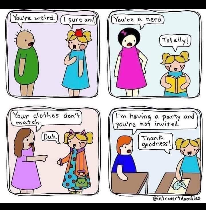 You're weird I sure am! You're a nerd. Totally! Your clothes don't match Duh. I'm having a party and you're not invited. ThanK goodness! @introvertdoodles