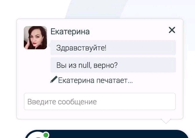 Екатерина Здравствуйте! Вы из null, верно? / Екатерина печатает... Введите сообщение Х