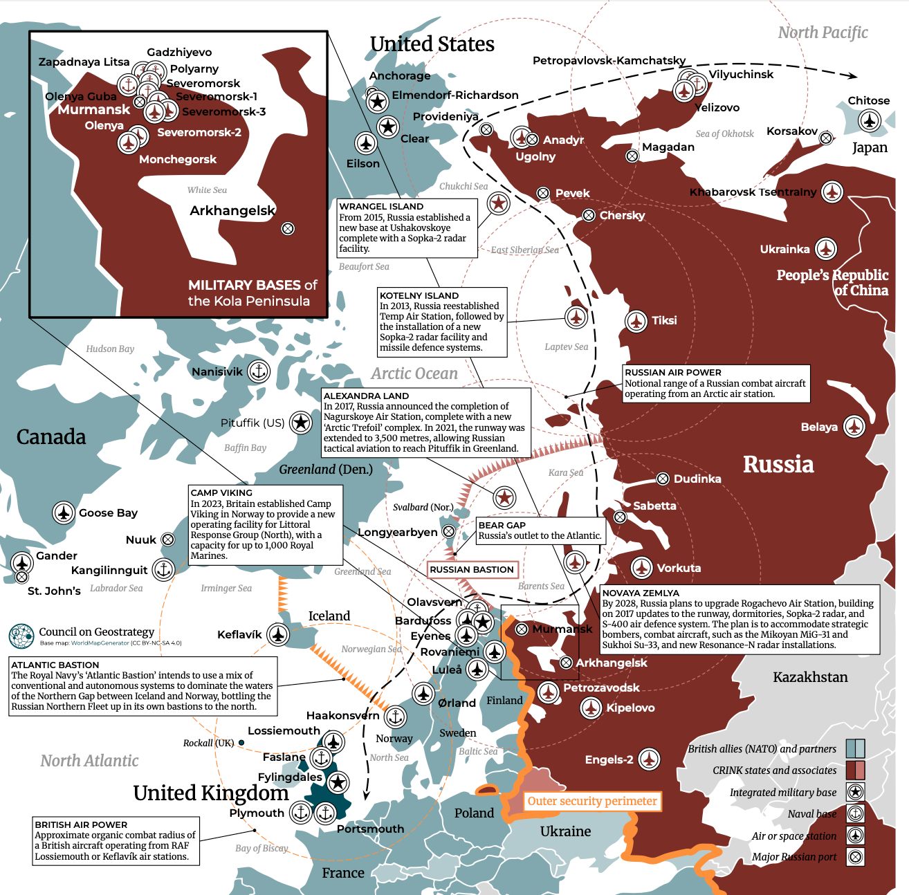 North Pacific Zapadnaya Litsa Olenya Guba Murmansk Olenya Gadzhiyevo Polyarny Severomorsk Severomorsk-1 Severomorsk-3 Severomorsk-2 Monchegorsk White Sea Arkhangelsk United States Anchorage Elmendorf-Richardson Provideniya Clear Petropavlovsk-Kamchatsky - - Vilyuchinsk Yelizovo Sea of Okhotsk Korsakov Chitose Eilson Anadyr Ugolny Magadan Japan MILITARY BASES of the Kola Peninsula Hudson Bay Nanisivik Canada Pituffik (US) Baffin Bay Chukchi Sea WRANGEL ISLAND From 2015, Russia established a new base at Ushakovskoye complete with a Sopka-2 radar facility. - East Siberian Sea Beaufort Sea KOTELNY ISLAND In 2013, Russia reestablished Temp Air Station, followed by the installation of a new Sopka-2 radar facility and missile defence systems. Arctic Ocean ALEXANDRA LAND In 2017, Russia announced the completion of Nagurskoye Air Station, complete with a new 'Arctic Trefoil complex. In 2021, the runway was extended to 3,500 metres, allowing Russian tactical aviation to reach Pituffik in Greenland. Greenland (Den.) Pevek Khabarovsk Tsentrainy Chersky Ukrainka People's Republic of China Tiksi Laptev Sea RUSSIAN AIR POWER Notional range of a Russian combat aircraft operating from an Arctic air station. Belaya Kara Sea Russia Dudinka Goose Bay Nuuk Gander Kangilinnguit St. John's Labrador Sea CAMP VIKING In 2023, Britain established Camp Viking in Norway to provide a new operating facility for Littoral Response Group (North), with a capacity for up to 1,000 Royal Marines. Irminger Sea Iceland Council on Geostrategy Keflav&iacute;k Base map: WorldMapGenerator (CC BY-NG-SA 4.0) ATLANTIC BASTION The Royal Navy's Atlantic Bastion' intends to use a mix of conventional and autonomous systems to dominate the waters of the Northern Gap between Iceland and Norway, bottling the Russian Northern Fleet up in its own bastions to the north. Haakonsvern Lossiemouth Rockall (UK) &bull; North Atlantic Faslane Fylingdales United Kingdom Plymouth Svalbard (Nor.) Longyearbyen Greentand Sea RUSSIAN BASTION Olavsvern Bardufoss Eyenes Norwegian Sec Rovanier Lulea &Oslash;rland Finland Sweden Norway North Sea Baltic Sea Sabetta BEAR GAP Russia's outlet to the Atlantic. Barents Sea Murma Vorkuta NOVAYA ZEMLYA By 2028, Russia plans to upgrade Rogachevo Air Station, building on 2017 updates to the runway, dormitories, Sopka-2 radar, and S-400 air defence system. The plan is to accommodate strategic bombers, combat aircraft, such as the Mikoyan MiG-31 and Sukhoi Su-33, and new Resonance-N radar installations. Arkhangelsk Kazakhstan Petrozavodsk. ) Kipelovo Engels-2 ( Poland BRITISH AIR POWER Approximate organic combat radius of a British aircraft operating from RAF Lossiemouth or Keflavik air stations. Portsmouth Outer security perimeter Ukraine Bay of Biscay. British allies (NATO) and partners CRINK states and associates Integrated military base Naval base Air or space station Major Russian port France