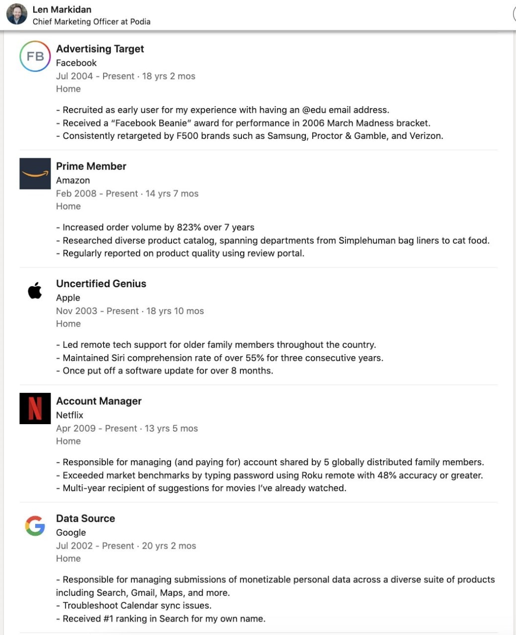 Len Markidan Chief Marketing Officer at Podia FB Advertising Target Facebook Jul 2004 - Present &bull; 18 yrs 2 mos Home - Recruited as early user for my experience with having an @edu email address. - Received a "Facebook Beanie" award for performance in 2006 March Madness bracket. - Consistently retargeted by F500 brands such as Samsung, Proctor & Gamble, and Verizon. Prime Member Amazon Feb 2008 - Present &bull; 14 yrs 7 mos Home - Increased order volume by 823% over 7 years - Researched diverse product catalog, spanning departments from Simplehuman bag liners to cat food. - Regularly reported on product quality using review portal. Uncertified Genius Apple Nov 2003 - Present &bull; 18 yrs 10 mos Homel - Led remote tech support for older family members throughout the country. - Maintained Siri comprehension rate of over 55% for three consecutive years. - Once put off a software update for over 8 months. N Account Manager Netflix Apr 2009 - Present &bull; 13 yrs 5 mos Home - Responsible for managing (and paying for) account shared by 5 globally distributed family members. - Exceeded market benchmarks by typing password using Roku remote with 48% accuracy or greater. - Multi-year recipient of suggestions for movies I've already watched. Data Source Google Jul 2002 - Present &bull; 20 yrs 2 mos Home - Responsible for managing submissions of monetizable personal data across a diverse suite of products including Search, Gmail, Maps, and more. - Troubleshoot Calendar sync issues. - Received #1 ranking in Search for my own name.