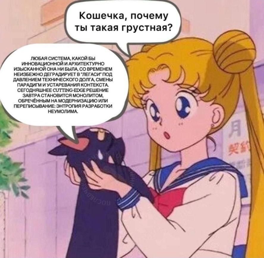 Кошечка, почему ты такая грустная? ЛЮБАЯ СИСТЕМА, КАКОЙ БЫ ИННОВАЦИОННОЙ И АРХИТЕКТУРНО ИЗЫСКАННОЙ ОНА НИ БЫЛА, СО ВРЕМЕНЕМ НЕИЗБЕЖНО ДЕГРАДИРУЕТ В "ЛЕГАСИ" ПОД ДАВЛЕНИЕМ ТЕХНИЧЕСКОГО ДОЛГА, СМЕНЫ ПАРАДИГМ И УСТАРЕВАНИЯ КОНТЕКСТА. СЕГОДНЯШНЕЕ CUTTING-EDGE РЕШЕНИЕ ЗАВТРА СТАНОВИТСЯ МОНОЛИТОМ, ОБРЕЧЕННЫМ НА МОДЕРНИЗАЦИЮ ИЛИ ПЕРЕПИСЫВАНИЕ: ЭНТРОПИЯ РАЗРАБОТКИ НЕУМОЛИМА. C9430U